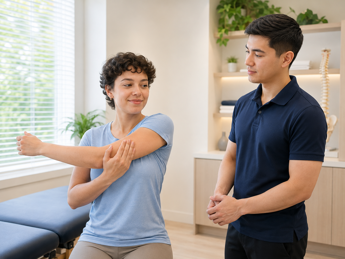 Young patient demonstrating shoulder range of motion