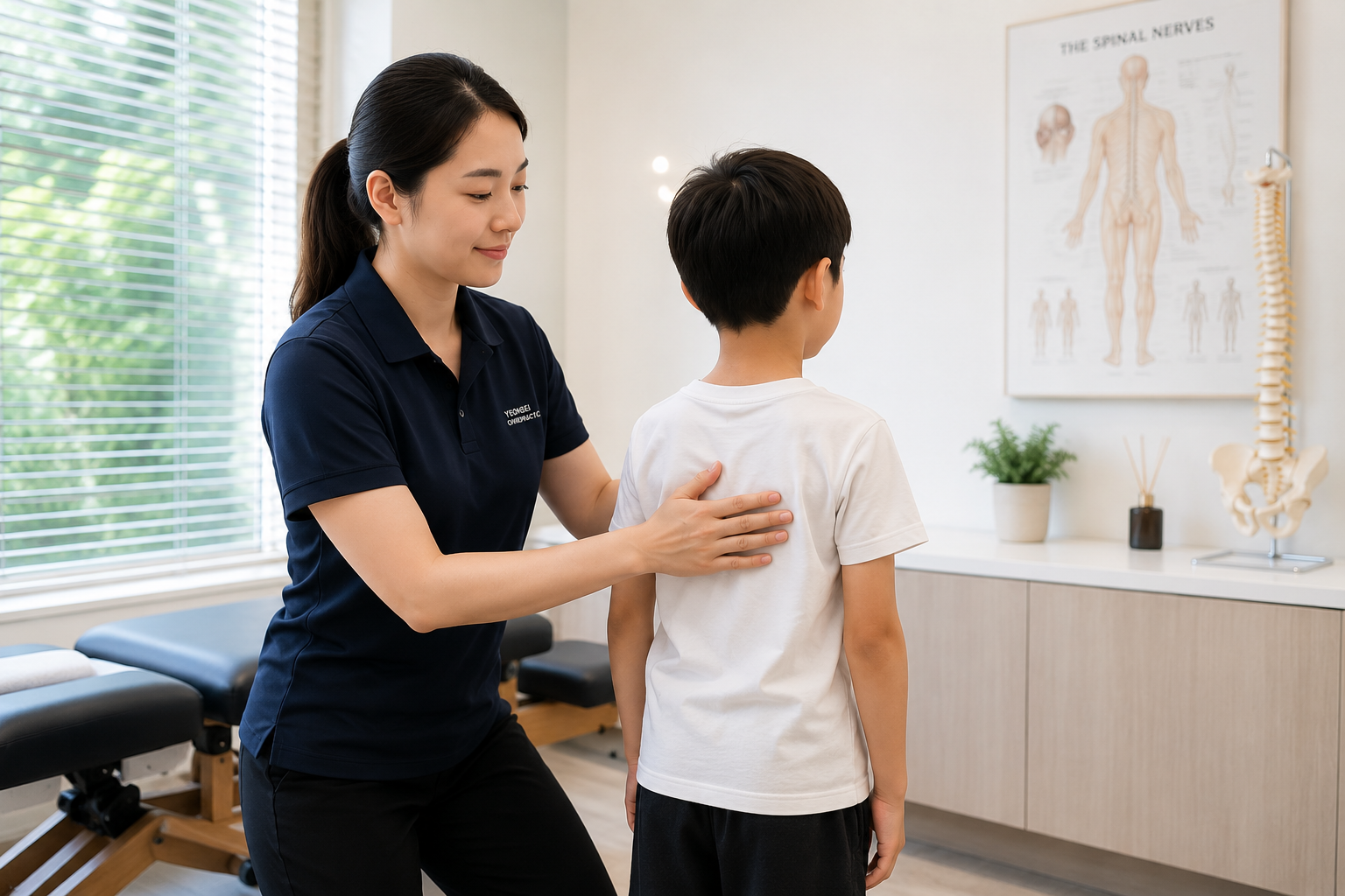 Yeonsei clinician assessing a young patient’s posture