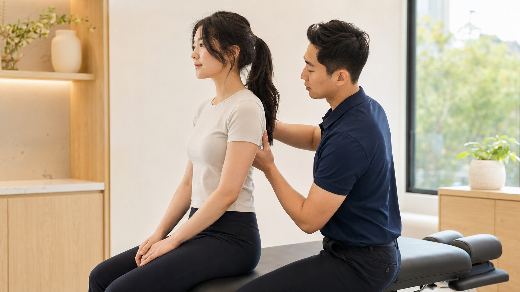 Young patient receiving a shoulder and posture assessment