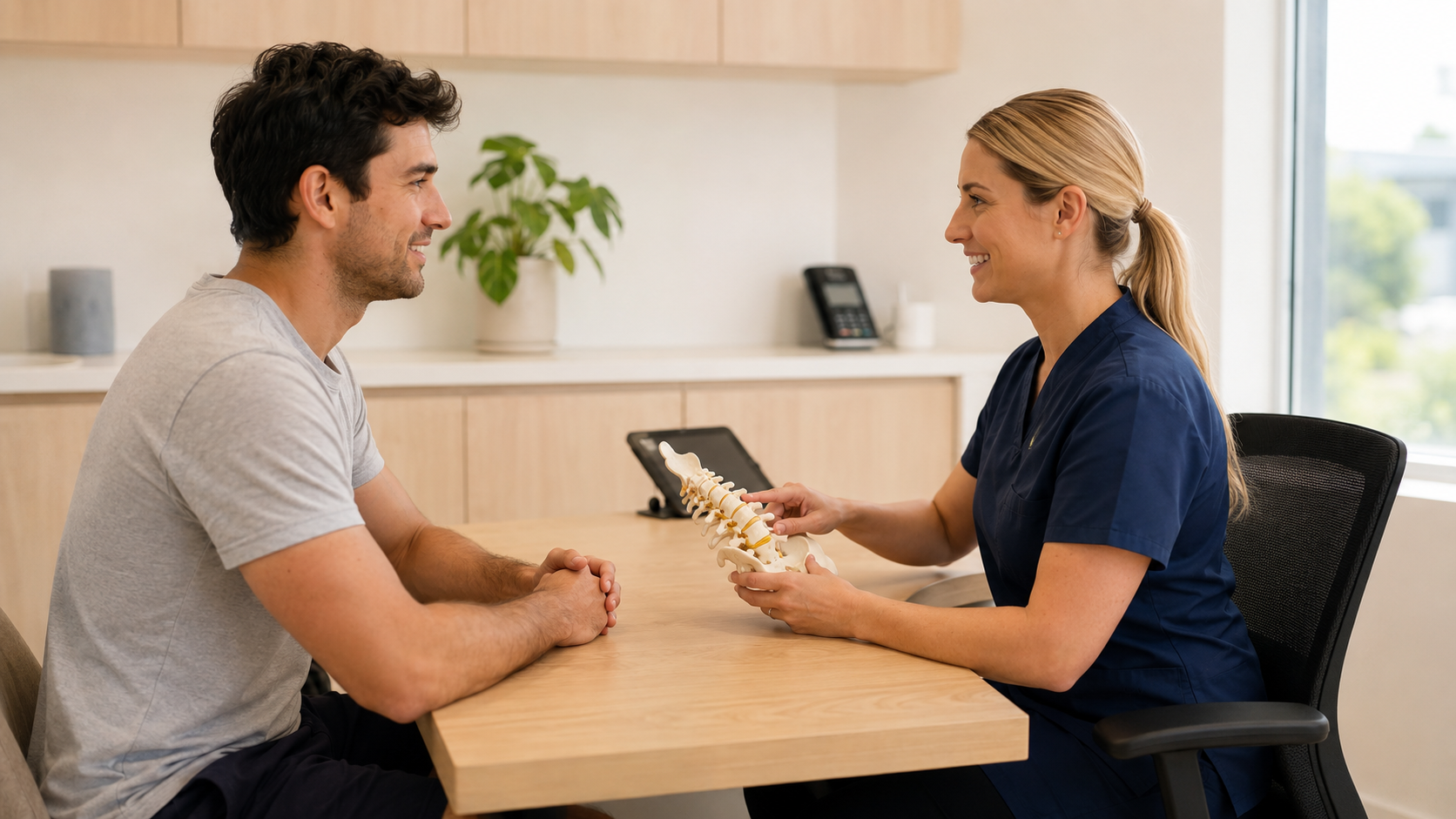 Patient and chiropractor reviewing a care plan together