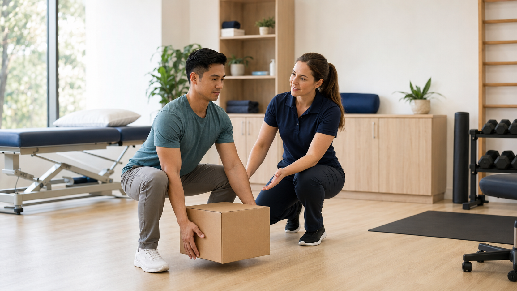 Worker practising a functional lifting exercise with a clinician